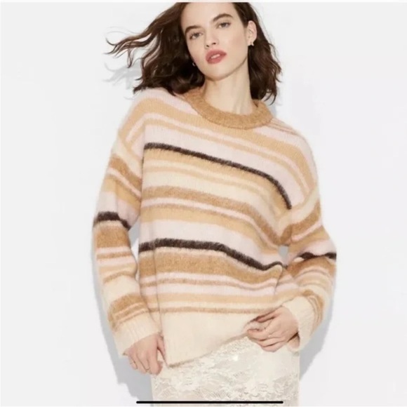 wild fable Sweaters - Tan and Cream Crew Neck Striped Sweater